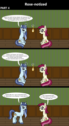 Size: 1920x3516 | Tagged: safe, artist:platinumdrop, derpibooru import, roseluck, oc, oc:spiral swirl, earth pony, pony, unicorn, comic:rose-notized, 3 panel comic, comic, commission, dialogue, duo, female, hypnosis, magic, mare, sitting, speech bubble, telekinesis, watch