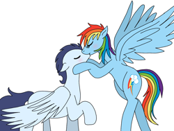 Size: 950x720 | Tagged: safe, artist:dasher666, artist:tinuleaf, derpibooru import, edit, rainbow dash, soarin', pegasus, pony, female, flying, kiss on the lips, kissing, male, mare, shipping, simple background, soarindash, stallion, straight, white background