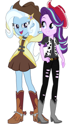 Size: 736x1080 | Tagged: safe, artist:cutler1228, derpibooru import, starlight glimmer, trixie, equestria girls, boots, clothes, couple, cowboy boots, cowboy hat, cowgirl, cowgirl outfit, cowprint, duo, duo female, female, hat, lesbian, outfit, overalls, pants, shipping, shoes, simple background, skirt, spurs, startrix, stetson, transparent background