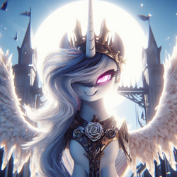 Size: 4096x4096 | Tagged: safe, ai content, derpibooru import, generator:dall-e 3, idw, machine learning generated, princess celestia, alicorn, g4, reflections, aura, castle, close-up, day, evil, evil celestia, evil counterpart, evil grin, female, flag, grin, jewelry, looking at you, mirror universe, prompter needed, regalia, smiling, smiling at you, solo, spread wings, sun, sunlight, wings