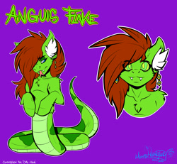 Size: 2600x2400 | Tagged: safe, artist:mimy92sonadow, derpibooru import, oc, oc only, oc:anguis flake, hybrid, lamia, original species, bust, ear fluff, ear piercing, earring, ears, fangs, female, hypnosis, jewelry, looking at you, piercing, reference sheet, simple background, solo, text, tongue, tongue out