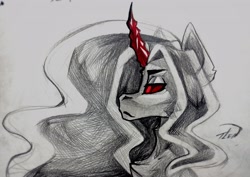 Size: 4000x2827 | Tagged: safe, artist:tlen borowski, derpibooru import, oc, pony, black and white, bust, commission, eyebrows, grayscale, horn, monochrome, portrait, red eyes, red horn, simple background, sketch, solo, traditional art