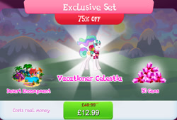 Size: 1266x857 | Tagged: safe, derpibooru import, princess celestia, alicorn, pony, bag, bundle, bush, clothes, costs real money, english, female, folded wings, gameloft, gem, horn, mare, mobile game, my little pony: magic princess, numbers, official, palm tree, ponytail, sale, shirt, solo, tent, text, tree, water, wings