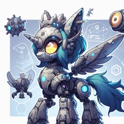 Size: 944x944 | Tagged: safe, ai content, derpibooru import, machine learning generated, oc, alicorn, pony, robot, robot pony, blueprint, cute, prompter needed, rocket