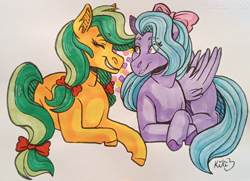 Size: 2048x1485 | Tagged: safe, artist:kikirdcz, derpibooru import, apple fritter, flitter, pony, apple family member, lying down, prone, traditional art