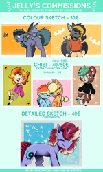 Size: 2480x4134 | Tagged: safe, artist:jellysketch, derpibooru import, applejack, rainbow dash, oc, bat pony, earth pony, human, pegasus, pony, unicorn, advertisement, commission, commission info, commissions open