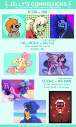 Size: 2480x4134 | Tagged: safe, artist:jelly, derpibooru import, fluttershy, nightmare moon, princess luna, starlight glimmer, trixie, twilight sparkle, twilight sparkle (alicorn), oc, oc:carmel, oc:milli, alicorn, anthro, pegasus, pony, unicorn, advertisement, bust, commission, commission info, commission open, cult of the lamb, full body