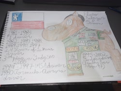 Size: 4000x3000 | Tagged: safe, artist:super-coyote1804, derpibooru import, 24 hours of le mans, chile, chile flag, eliseo salazar, formula 1, imsa, indianapolis 500, indy 500, indycar, le mans, looking to side, looking to the left, notebook, photo, solo, traditional art