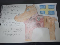 Size: 4000x3000 | Tagged: safe, artist:super-coyote1804, derpibooru import, oc, pony, unicorn, formula 1, indianapolis 500, indy 500, indycar, looking to side, looking to the left, marcus ericsson, notebook, photo, solo, sweden, traditional art