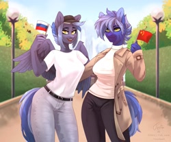 Size: 2491x2060 | Tagged: safe, artist:tenta, derpibooru import, oc, oc only, oc:dark straw, oc:pixi feather, anthro, hybrid, pegasus, alley, baseball cap, belt, breasts, bush, cap, city, clothes, coat, day, denim, duo, duo female, female, flag, hat, hug, jeans, lantern, pants, park, shirt, smiling, summer, sunlight, sweater, t-shirt, walking, weekday ponies, wings, wood