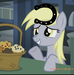 Size: 1080x1088 | Tagged: safe, derpibooru import, edit, edited screencap, screencap, derpy hooves, pegasus, pony, slice of life (episode), cropped, food, horseshoes, muffin, solo, timestamp