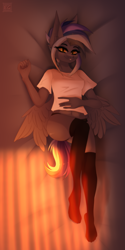 Size: 2765x5530 | Tagged: safe, artist:elektra-gertly, derpibooru import, oc, oc only, oc:pixi feather, anthro, pegasus, plantigrade anthro, ass, bed, bedroom, bedroom eyes, belly, belly button, black eyeshadow, black panties, black underwear, butt, clothes, evening, eyelashes, eyeshadow, female, golden eyes, looking at you, lying, makeup, panties, pegasus oc, resting, shirt, smiling, socks, solo, solo female, spread wings, stocking feet, stockings, sunlight, t-shirt, tail, thigh highs, underwear, wings