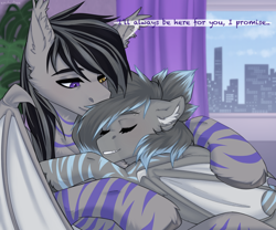 Size: 3000x2500 | Tagged: safe, artist:enderbee, derpibooru import, oc, oc:buster, oc:valora, bat pony, pegasus, pony, bat wings, commission, couple, day, female, heterochromia, hug, love, male, mare, piercing, room, sleeping, stallion, window, wings