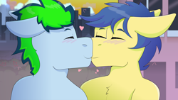 Size: 2800x1578 | Tagged: safe, artist:brushwork, derpibooru import, oc, oc:lucky spark, earth pony, pegasus, pony, duo, duo male, gay, gay kiss, heart, kiss on the lips, kissing, male, smooc
