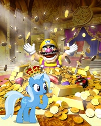 Size: 640x800 | Tagged: safe, artist:aaliyah_rosado, artist:cloudyglow, artist:user15432, derpibooru import, trixie, human, pony, unicorn, castle, coin, crossover, crown, diamond, drool, gemstones, gold, gold bar, gold coins, golden crown, image, jewelry, jpeg, open mouth, regalia, rubies, super mario bros., sword, throne, throne room, treasure, wario, wario world, weapon