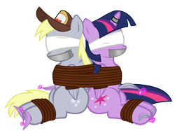 Size: 8200x6134 | Tagged: safe, alternate version, artist:cardshark777, derpibooru import, derpy hooves, twilight sparkle, twilight sparkle (alicorn), alicorn, pegasus, pony, g4, arm behind back, blindfold, bondage, bound and gagged, bound together, bound wings, captured, clothes, digital art, duct tape, duo, feather, female, gag, helpless, hoof tickling, hooves behind back, horn, horn ring, magic, magic aura, magic suppression, mare, ring, rope, rope bondage, simple background, tape, tape gag, telekinesis, tickle torture, tickling, tied up, transparent background, uniform, wings