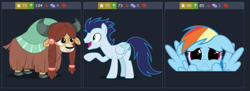 Size: 785x287 | Tagged: safe, derpibooru import, rainbow dash, soarin', yona, pegasus, yak, cloven hooves, derpibooru, implied shipping, implied soarindash, implied straight, jealous, juxtaposition, looking at each other, looking at someone, looking at you, meta, reaction image, sad