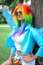 Size: 1024x1536 | Tagged: safe, artist:haruhiism, derpibooru import, rainbow dash, human, 2014, belly button, clothes, cosplay, costume, irl, irl human, multicolored hair, photo, rainbow hair, solo, sunglasses