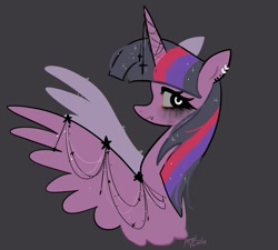 Size: 2048x1841 | Tagged: safe, artist:petaltwinkle, derpibooru import, twilight sparkle, twilight sparkle (alicorn), alicorn, pony, bust, female, gray background, horn, horn jewelry, jewelry, looking at you, mare, simple background, smiling, smiling at you, solo, wing jewelry, wings