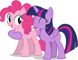 Size: 749x578 | Tagged: safe, artist:zslnews, derpibooru import, pinkie pie, twilight sparkle, twilight sparkle (alicorn), alicorn, earth pony, pony, ^^, duo, duo female, eyes closed, female, hug, mare, simple background, together forever, transparent background