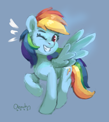 Size: 1433x1606 | Tagged: safe, artist:aemantaslim, derpibooru import, rainbow dash, pegasus, pony, g4, blue background, emanata, eyebrows, female, grin, looking at you, mare, one eye closed, raised hoof, raised leg, signature, simple background, smiling, smiling at you, solo, spread wings, wings, wink, winking at you