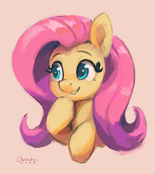 Size: 1433x1606 | Tagged: safe, artist:aemantaslim, derpibooru import, fluttershy, pegasus, pony, g4, bust, cute, eyebrows, female, hoof on chin, mare, portrait, raised hoof, raised leg, shyabetes, signature, simple background, smiling, solo