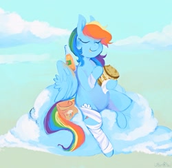 Size: 2589x2531 | Tagged: safe, artist:urbanqhoul, derpibooru import, rainbow dash, pegasus, pony, bag, bandage, bandaged leg, belly, bottle, cider, cloud, eating, eyes closed, female, food, hoof hold, lunch bag, mare, on a cloud, paper bag, pasta and potato sandwich on sourdough, round belly, sandwich, sitting, sitting on cloud, smiling, soda bottle, solo, wing hands, wings