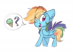 Size: 2187x1507 | Tagged: safe, artist:lbrcloud, derpibooru import, rainbow dash, pegasus, pony, big ears, ears, female, food, ice cream, mare, missing cutie mark, open mouth, open smile, pictogram, question mark, simple background, sketch, smiling, solo, speech bubble, white background