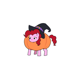 Size: 2500x2500 | Tagged: safe, artist:syrupyyy, derpibooru import, pinkie pie, earth pony, pony, clothes, costume, female, food, food costume, halloween, halloween costume, hat, mare, pumpkin costume, simple background, solo, white background, witch hat