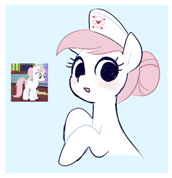 Size: 1001x1038 | Tagged: safe, artist:syrupyyy, derpibooru import, nurse redheart, earth pony, pony, a flurry of emotions, g4, blue background, blushing, bust, female, light blue background, looking at you, mare, open mouth, open smile, screencap reference, simple background, smiling, smiling at you, solo