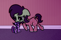 Size: 1500x1000 | Tagged: safe, artist:scandianon, derpibooru import, twilight sparkle, oc, oc:anon filly, earth pony, pony, butt flap, clothes, ears, female, filly, floppy ears, foal, footed sleeper, footie pajamas, indoors, mouth hold, night, onesie, pajamas, plushie, tired, twilight sparkle plushie