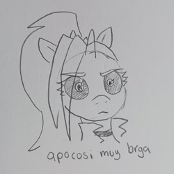 Size: 1362x1362 | Tagged: safe, artist:pony quarantine, derpibooru import, oc, oc only, oc:dyx, alicorn, pony, bust, eye clipping through hair, female, filly, foal, grayscale, looking at you, monochrome, pen drawing, solo, spanish, traditional art