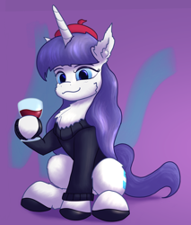 Size: 1830x2143 | Tagged: safe, artist:gosha305, derpibooru import, rarity, pony, unicorn, g4, abstract background, alcohol, beatnik rarity, beret, cheek fluff, chest fluff, clothes, cute, ear fluff, ears, female, french rarity, glass, hat, hoof hold, horn, looking at you, mare, purple background, raribetes, red wine, simple background, sitting, smiling, smiling at you, solo, sweater, wine, wine glass