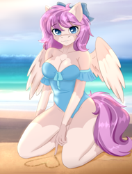 Size: 456x601 | Tagged: artist needed, safe, derpibooru import, oc, oc:chai leche, anthro, pegasus, beach, blue eyes, breasts, cleavage, cleavage marking, clothes, coat markings, colored wings, complex background, drawing, female, frilled swimsuit, kneeling, looking at you, mare, messy mane, pink mane, sand, smiling, swimsuit, two toned mane, two toned wings, wings