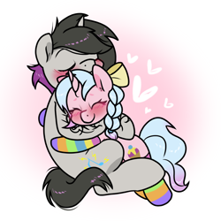 Size: 1200x1200 | Tagged: safe, artist:paperbagpony, derpibooru import, oc, oc:bass sparks, blushing, bow, braid, clothes, female, hair bow, heart, hug, male, not cozy glow, socks, straight, striped socks