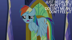 Size: 2000x1123 | Tagged: safe, derpibooru import, edit, edited screencap, editor:quoterific, screencap, rainbow dash, the last problem, sad, solo, twilight's castle