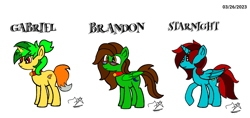 Size: 1520x720 | Tagged: safe, derpibooru import, oc, oc only, oc:brandon, oc:gabriel, oc:starnight, alicorn, pegasus, pony, unicorn, alicorn oc, bell, bell collar, collar, glasses, horn, jewelry, male, pegasus oc, regalia, signature, simple background, stallion, unicorn oc, white background, wings