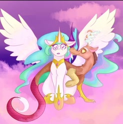 Size: 712x722 | Tagged: safe, artist:holdbackthenight, derpibooru import, discord, princess celestia, cloud, crown, digital art, dislestia, female, jewelry, male, regalia, shipping, spread wings, straight, sunset, surprised, wingboner, wings