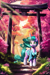 Size: 3600x5400 | Tagged: safe, artist:allegrenix, derpibooru import, mistmane, pony, unicorn, clothes, crepuscular rays, curved horn, forest, horn, nature, scenery, solo, torii, tree