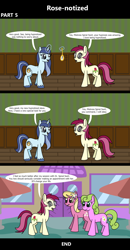 Size: 1920x3688 | Tagged: safe, artist:platinumdrop, derpibooru import, daisy, flower wishes, lily, lily valley, roseluck, oc, oc:spiral swirl, earth pony, pony, unicorn, comic:rose-notized, 3 panel comic, comic, commission, dialogue, duo, female, hypnosis, levitation, magic, mare, pendulum swing, pocket watch, speech bubble, swirly eyes, telekinesis, trio, watch