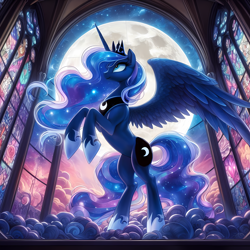 Size: 1536x1536 | Tagged: safe, ai content, derpibooru import, generator:dall-e 3, machine learning generated, princess luna, alicorn, pony, g4, cloud, dreamscape, ethereal mane, ethereal tail, female, full moon, hoof shoes, jewelry, looking up, mare, moon, praise the moon, profile, prompter:tyto4tme4l, rearing, regalia, side view, smiling, solo, spread wings, stained glass, starry mane, starry tail, stars, tail, window, wings