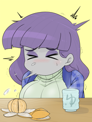 Size: 1503x2000 | Tagged: safe, artist:batipin, derpibooru import, maud pie, equestria girls, ><, breasts, clothes, eyes closed, female, food, maud pies, no mouth, orange, sick, simple background, sneezing, solo, sweater, yellow background