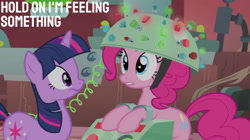 Size: 2000x1123 | Tagged: safe, derpibooru import, edit, edited screencap, editor:quoterific, screencap, pinkie pie, twilight sparkle, unicorn twilight, earth pony, pony, unicorn, feeling pinkie keen, golden oaks library, twilight's lab