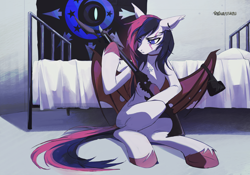 Size: 4140x2895 | Tagged: safe, artist:teturirusu, derpibooru import, oc, oc:midnight blaze, bat pony, pegasus, fanfic:iron hearts, bat wings, bed, chaos star, commission, crossover, ear fluff, ears, female, gun, jewelry, looking at something, necklace, sitting, sketch, solo, splinter rifle, two toned hair, warhammer (game), warhammer 40k, weapon, wings