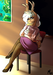 Size: 3508x4961 | Tagged: safe, artist:mekblue, derpibooru import, oc, oc only, oc:karolin, anthro, deer, reindeer, antlers, chalk, chalkboard, chest fluff, clothes, crossed legs, glasses, high heels, looking at you, map, professor, reindeer antlers, school, shirt, shoes, sitting, skirt, socks, solo