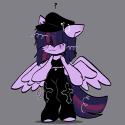 Size: 1111x1111 | Tagged: safe, artist:cutiesparke, derpibooru import, twilight sparkle, pegasus, semi-anthro, :3, accessory, alternate hairstyle, arm hooves, bipedal, cheek fluff, clothes, female, gray background, hair over eyes, hat, pants, pegasus twilight sparkle, question mark, race swap, shadow, short shirt, simple background, solo, spread wings, standing, tanktop, wings