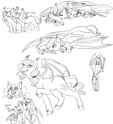 Size: 734x800 | Tagged: safe, artist:mew, derpibooru import, oc, oc only, oc:riptide, oc:shroudtrott, bat pony, pony, colt, female, filly, foal, male, monochrome