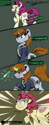 Size: 3200x8200 | Tagged: safe, artist:singovih, derpibooru import, lock heart, oc, oc:littlepip, earth pony, pony, unicorn, fallout equestria, barrette, blushing, clothes, comic, female, jojo reference, jojo's bizarre adventure, las pegasus resident, looking at you, magic, mare, screwdriver, simple background, smiling, tail, tail wag, telekinesis, text, to be continued