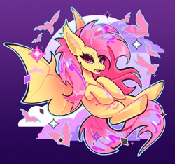 Size: 1500x1405 | Tagged: safe, artist:necromeowncer, derpibooru import, fluttershy, bat pony, pegasus, bat ponified, cute, female, flutterbat, looking at you, race swap, shyabates, shyabetes, smiling, smiling at you, spread wings, wings