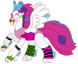 Size: 2800x2293 | Tagged: safe, artist:supahdonarudo, derpibooru import, queen novo, classical hippogriff, hippogriff, my little pony: the movie, clothes, ear piercing, earring, five nights at freddy's, five nights at freddy's: security breach, food, glam rock, glamrock chica, jewelry, leggings, leopard print, leotard, lipstick, makeup, piercing, pizza, simple background, spiked wristband, transparent background, wristband, zebra print